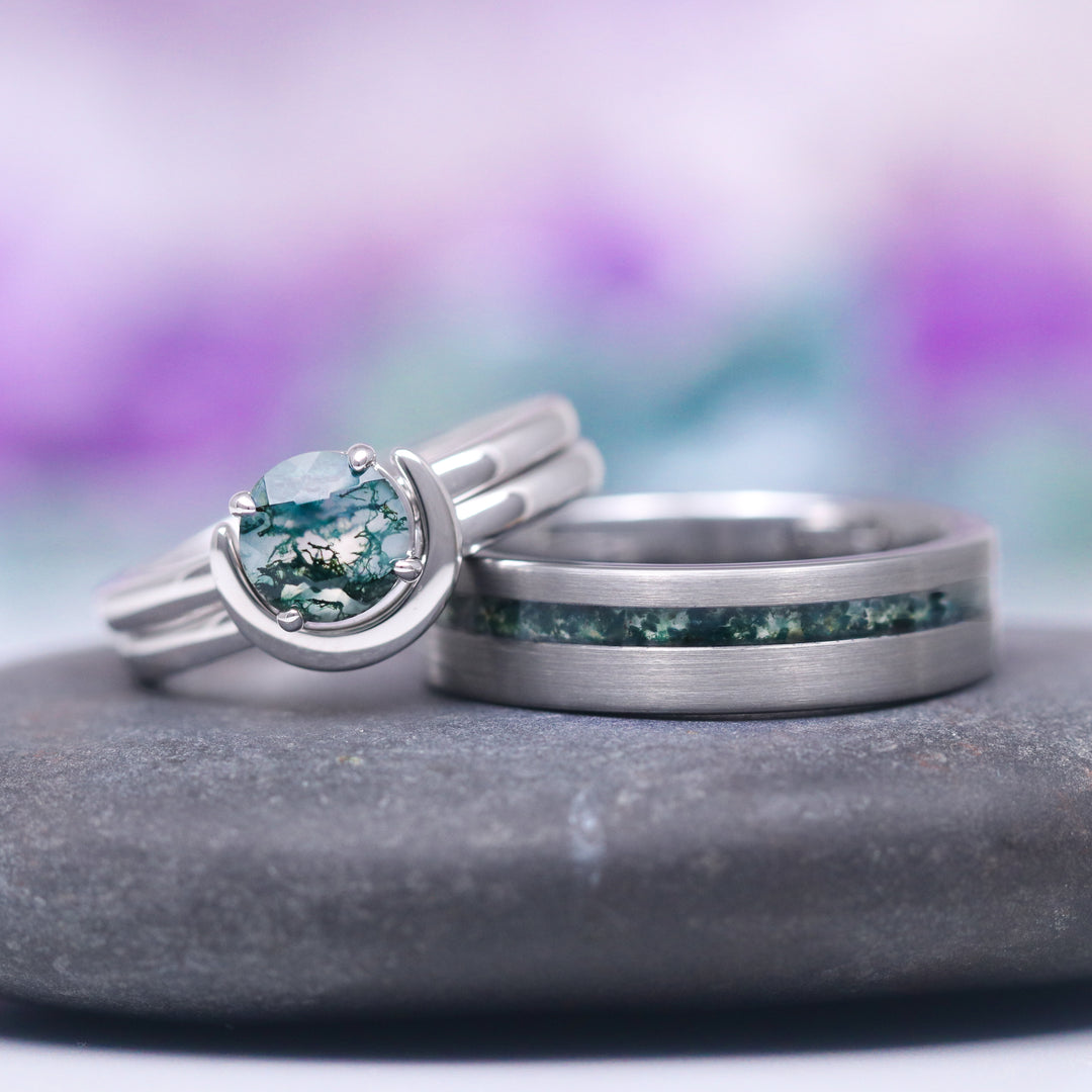 Green Moss Agate & Crescent Moon Couples Ring