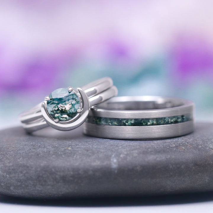 Moss Agate Crescent Moon Engagement Ring Set- 14K White Gold