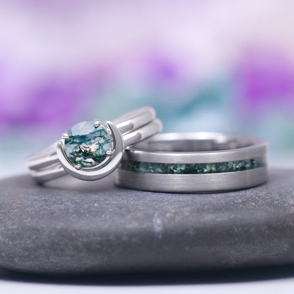 Moss Agate Crescent Moon Couples Ring Set | Silver – Aquamarise