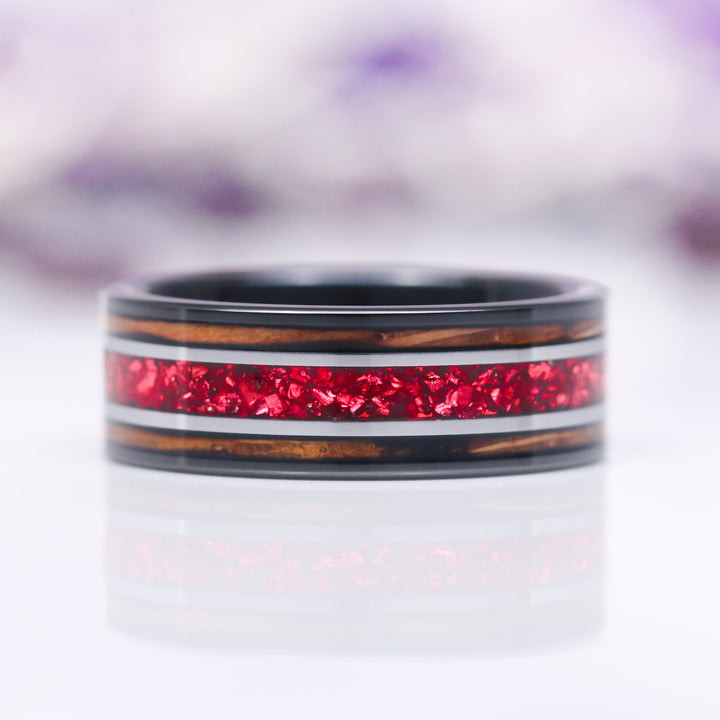 Star Cut Garnet & Whiskey Barrel Couples Ring Set