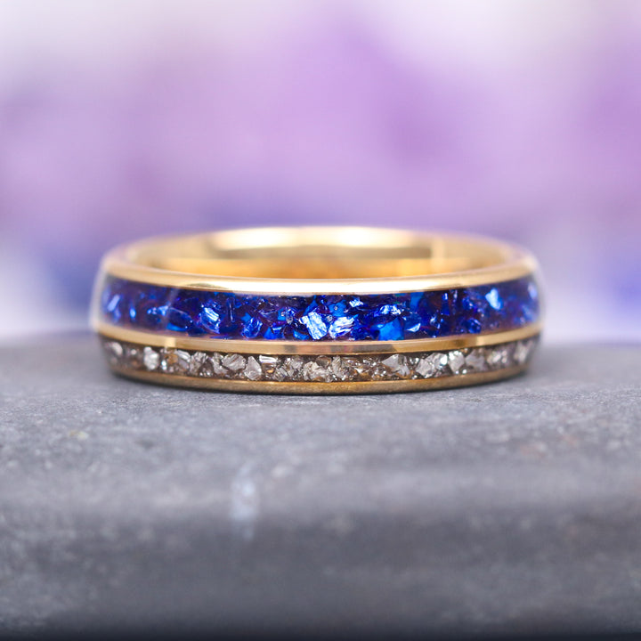 Blue Sapphire & Fantasy Shield Cut Diamond (CZ) Couples Ring