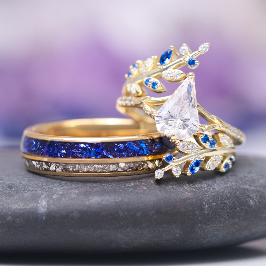 Blue Sapphire & Fantasy Shield Cut Diamond (CZ) Couples Ring