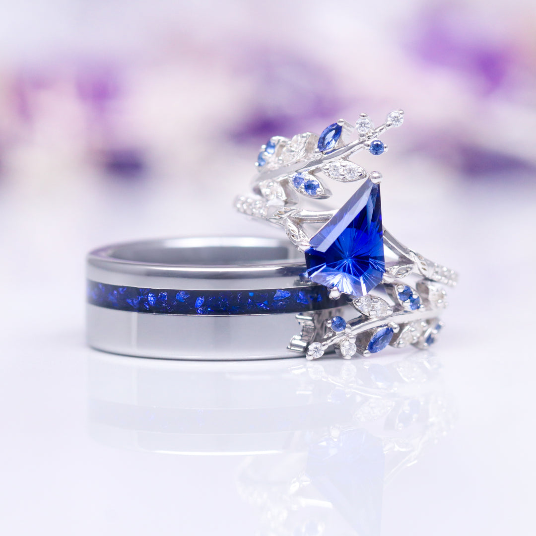 Fantasy Shield Cut Blue Sapphire Leaf Ring Set- 14K White Gold (Two Piece)