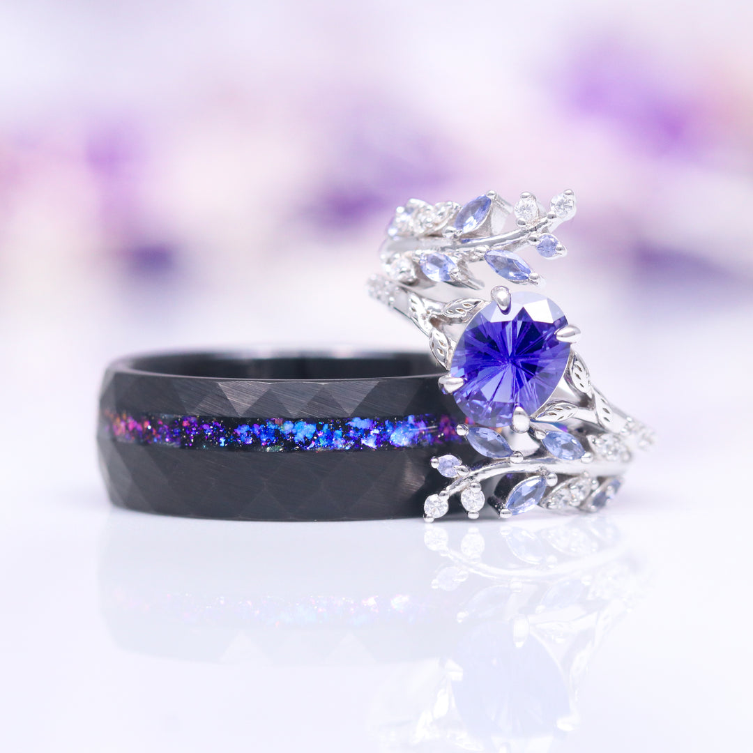 Fantasy Star Cut Cornflower Sapphire Leaf Ring Set- 14K White Gold (Two Piece)