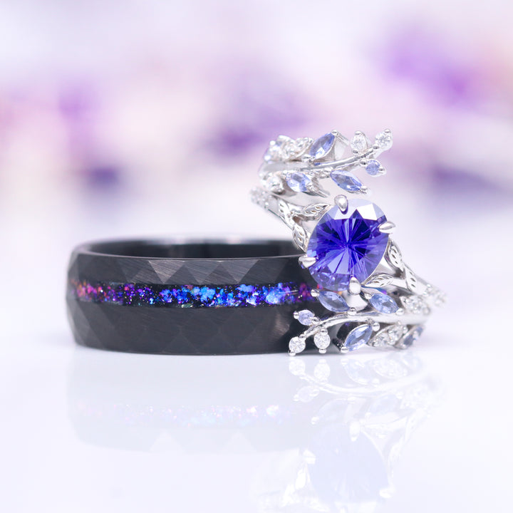 Fantasy Star Cut Cornflower Sapphire Leaf Ring Set- 14K White Gold (Two Piece)