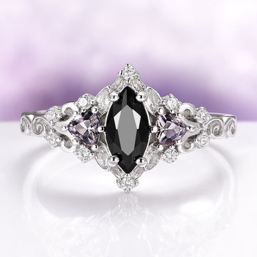 Elain Black Onyx Couples Ring Set featuring a marquise black onyx center stone with delicate silver detailing and amethyst accents by Aquamarise, a matching couples ring from Lovers of the Dark™ collection.