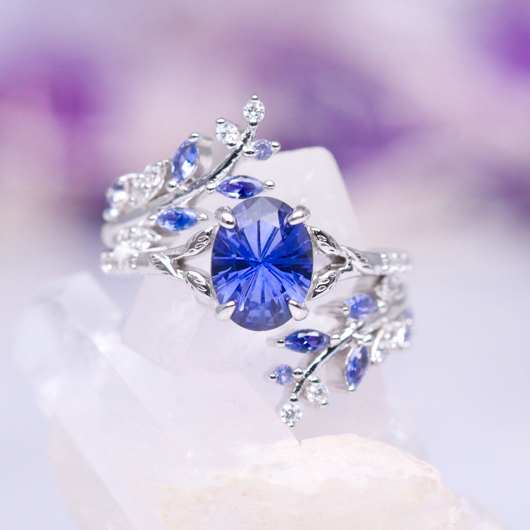 Fantasy Star Cut Cornflower Sapphire Leaf Ring Set- 14K White Gold (Two Piece)