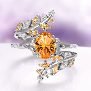 Natural Fireworks Cut Citrine Leaf Ring Set in Sterling Silver