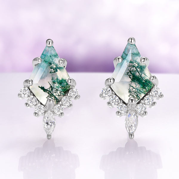 Skye Kite® Green Moss Agate Stud Earrings in Sterling Silver featuring kite-cut green moss agate gemstones with clear accents, by Aquamarise from the Skye Kite® Jewelry Collection.
