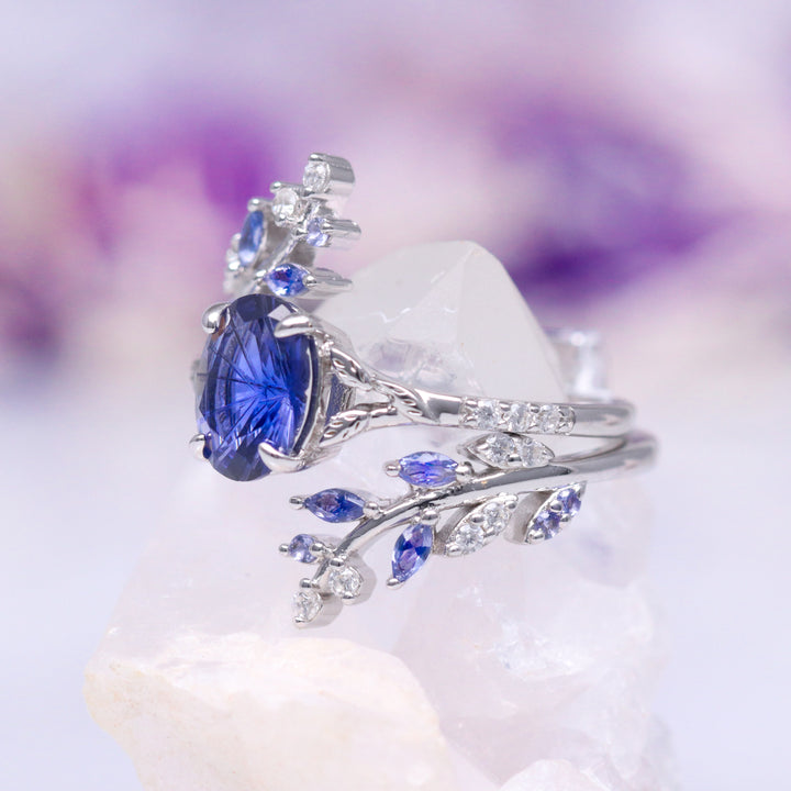 Fantasy Star Cut Cornflower Sapphire Leaf Ring Set- 14K White Gold (Two Piece)