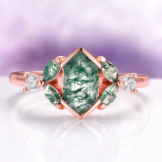 Hexagon Green Moss Agate Couples Ring Set