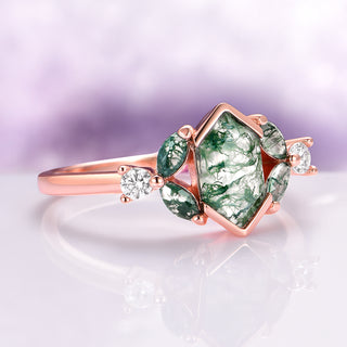Hexagon Green Moss Agate Couples Ring Set
