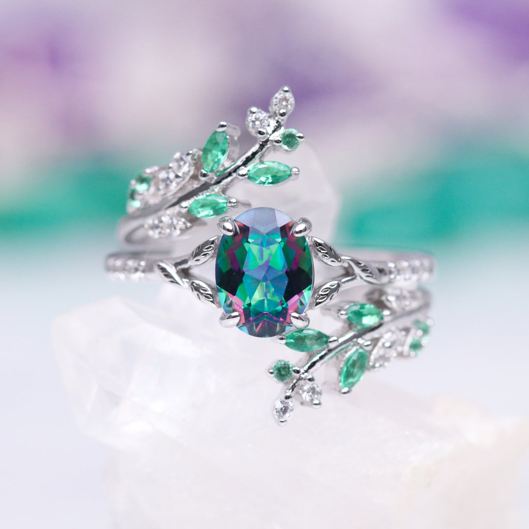 Mystic Topaz & Emerald Leaf Engagement Ring Set- 14K White Gold