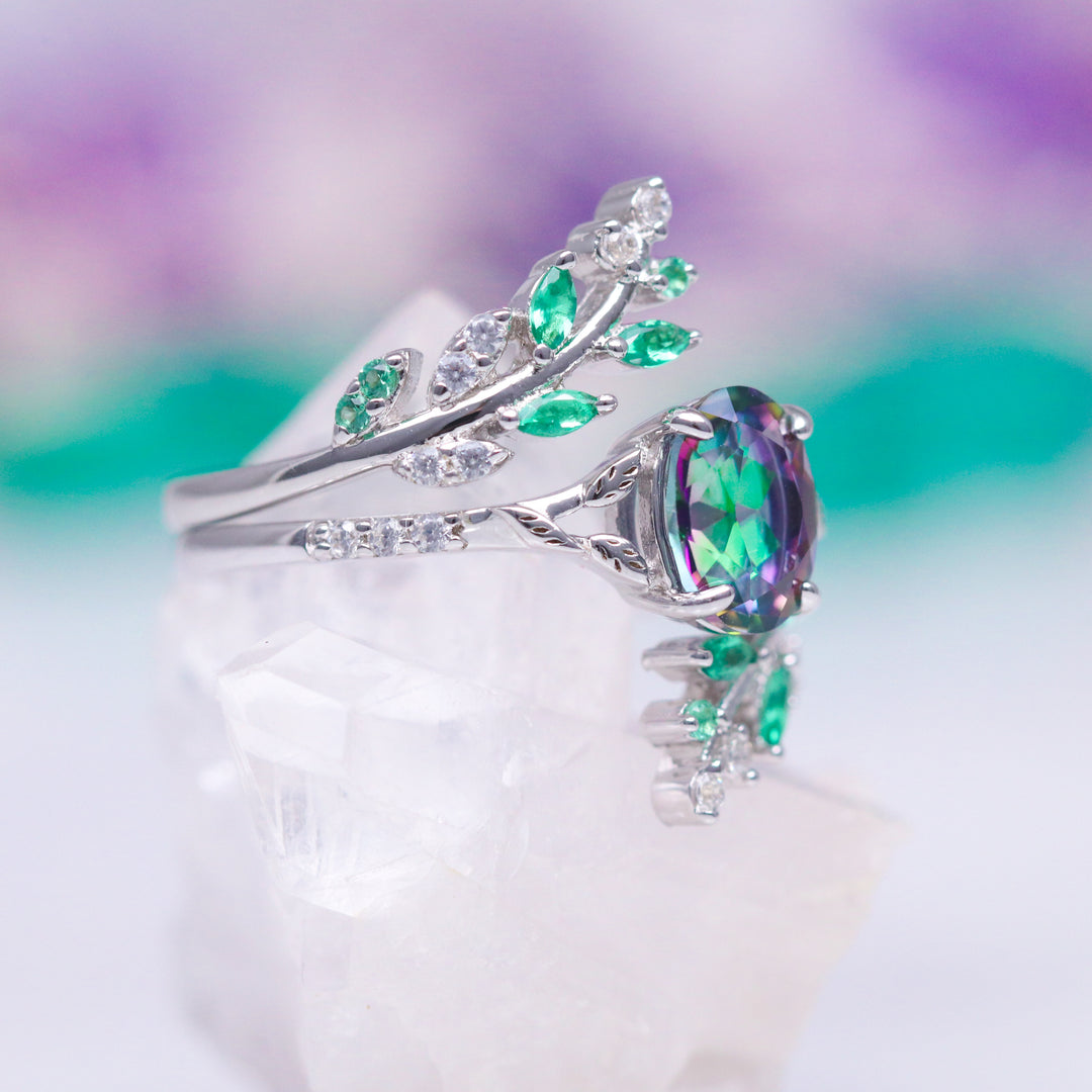 Mystic Topaz & Emerald Leaf Engagement Ring Set- 14K White Gold