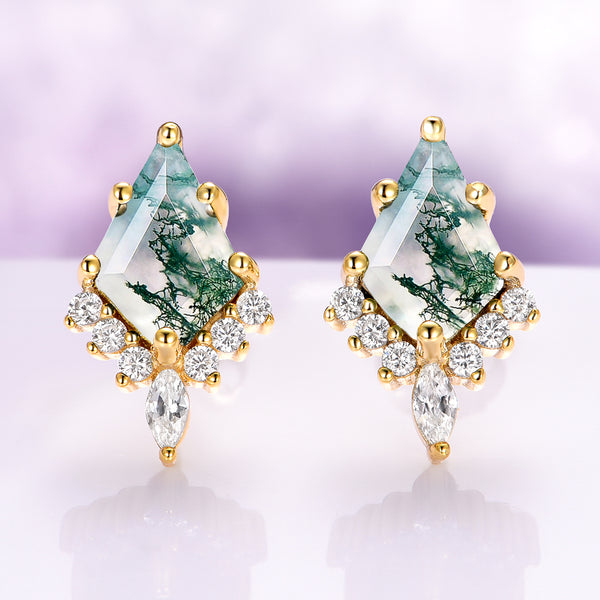 Skye Kite® Green Moss Agate Stud Earrings in 14K Yellow Gold Vermeil featuring moss agate stones accented with sparkling clear gems, elegantly crafted by Aquamarise.