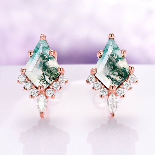 Skye Kite® Green Moss Agate Stud Earrings in 14K Rose Gold Vermeil by Aquamarise, featuring kite-cut moss agate and sparkling accents, elegant and vintage-inspired in rose gold setting.