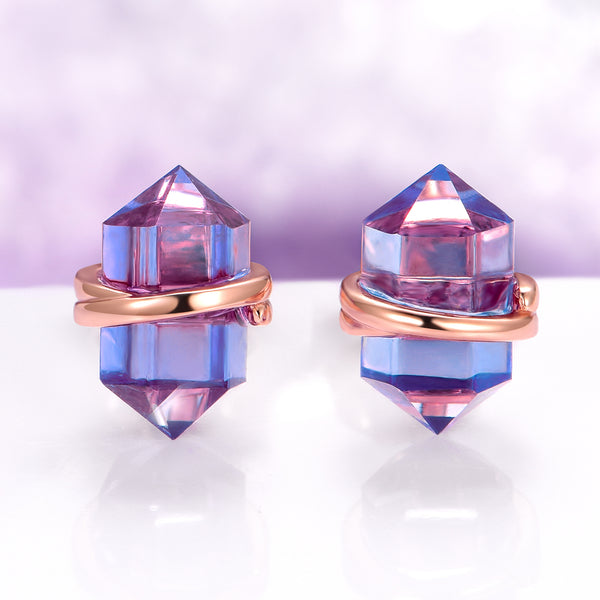 Minimalist Raw Alexandrite Stud Earrings in 14K Rose Gold Vermeil by Aquamarise feature unique raw crystal stones with a polished rose gold vermeil band, part of June Birthstone Jewelry.