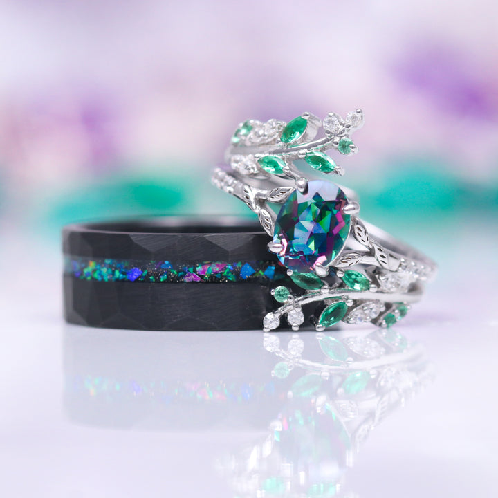 Mystic Topaz & Emerald Leaf Engagement Ring Set- 14K White Gold