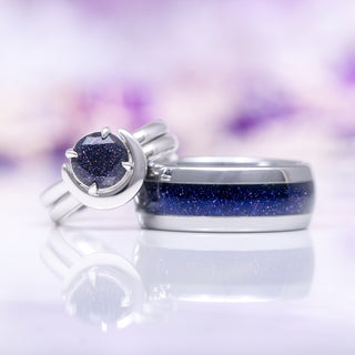 Starry Night Crescent Moon Engagement Ring Set- Sterling Silver