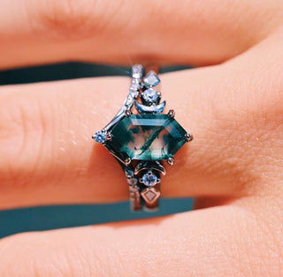 Elara Moss Agate Crescent Moon Couples Ring Set