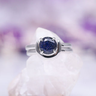 Starry Night Crescent Moon Engagement Ring Set- Sterling Silver