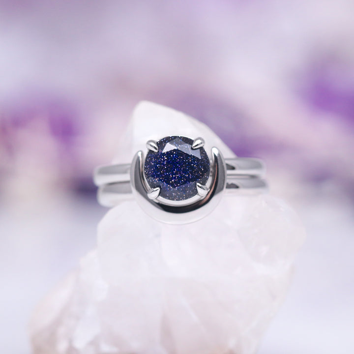 Starry Night Crescent Moon Couples Ring