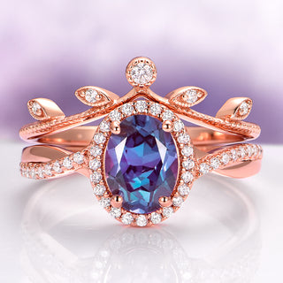 Alexandrite Leaf Ring Set in 14K Rose Gold Vermeil