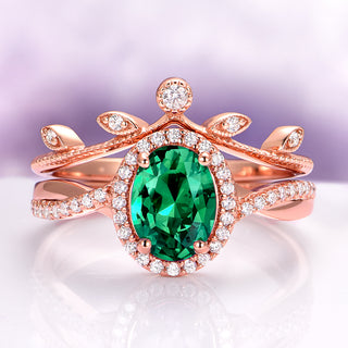 Oval Cut Emerald Leaf Ring Set in 14K Rose Gold Vermeil