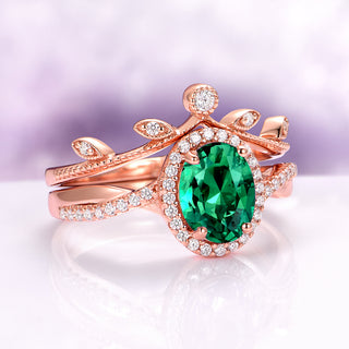Oval Cut Emerald Leaf Ring Set in 14K Rose Gold Vermeil