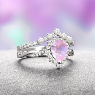 Briar Rose Quartz & Pearl Engagement Ring Set- 14K White Gold