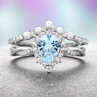 Briar Aquamarine & Pearl Engagement Ring Set- 14K White Gold