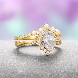 Briar Simulated Diamond & Freshwater Pearl Ring Set- 14K Yellow Gold Vermeil