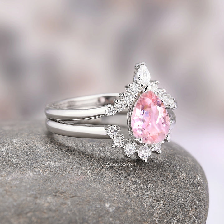 Lunette Teardrop Pink Tourmaline Ring Set- Sterling Silver