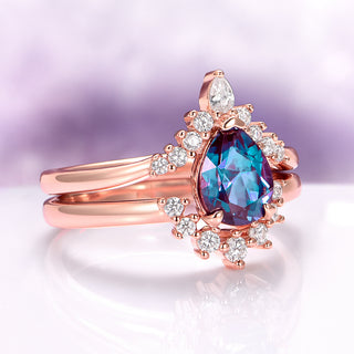 Lunette Teardrop Alexandrite Engagement Ring Set in 14K Solid Rose Gold