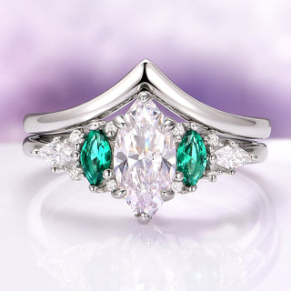 Emerie Moissanite and Emerald Engagement Ring Set in 14K White Gold