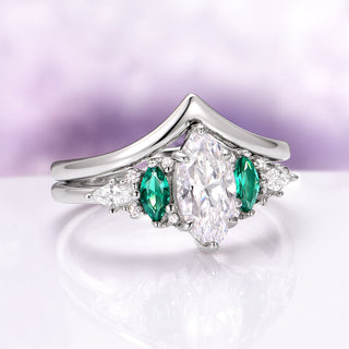 Emerie Moissanite and Emerald Engagement Ring Set in 14K White Gold