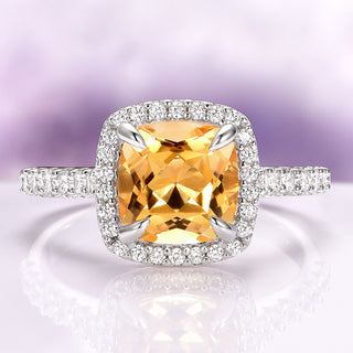 Belle Cushion Cut Natural Citrine Engagement Ring in 14K White Gold