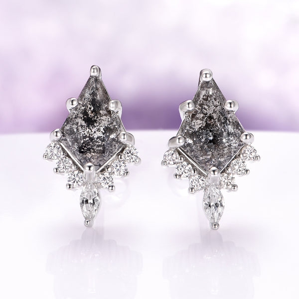 Skye Kite® Galaxy Raw Salt & Pepper Diamond (Herkimer Diamond) Stud Earrings in Sterling Silver by Aquamarise, featuring kite-cut geometric diamonds with sparkling accents.