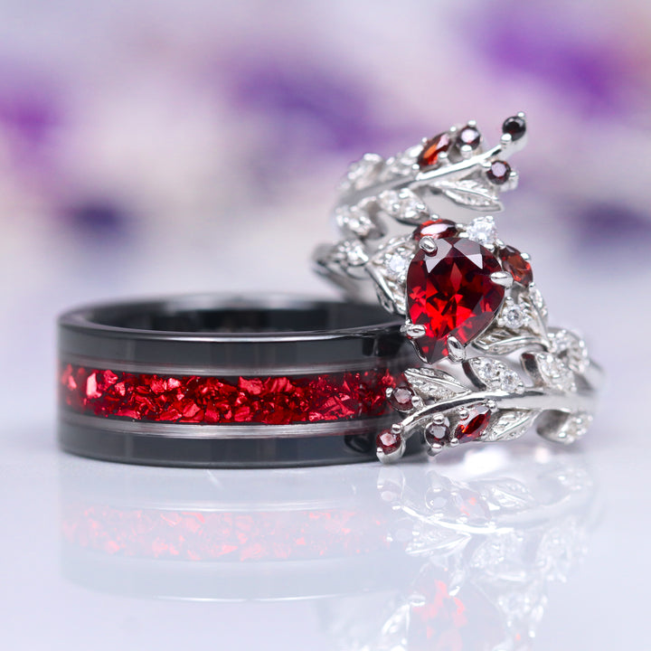 Crushed Red Garnet Wedding Band - 8MM Black Tungsten