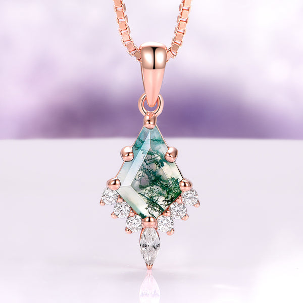 Skye Kite® Green Moss Agate Pendant Necklace in 14K Rose Gold Vermeil by Aquamarise, featuring a unique diamond-cut moss agate stone with sparkling accents in a vintage-inspired rose gold setting.