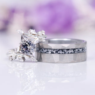 Galaxy Salt and Pepper (Herkimer) Diamond & Meteorite Couples Ring Set