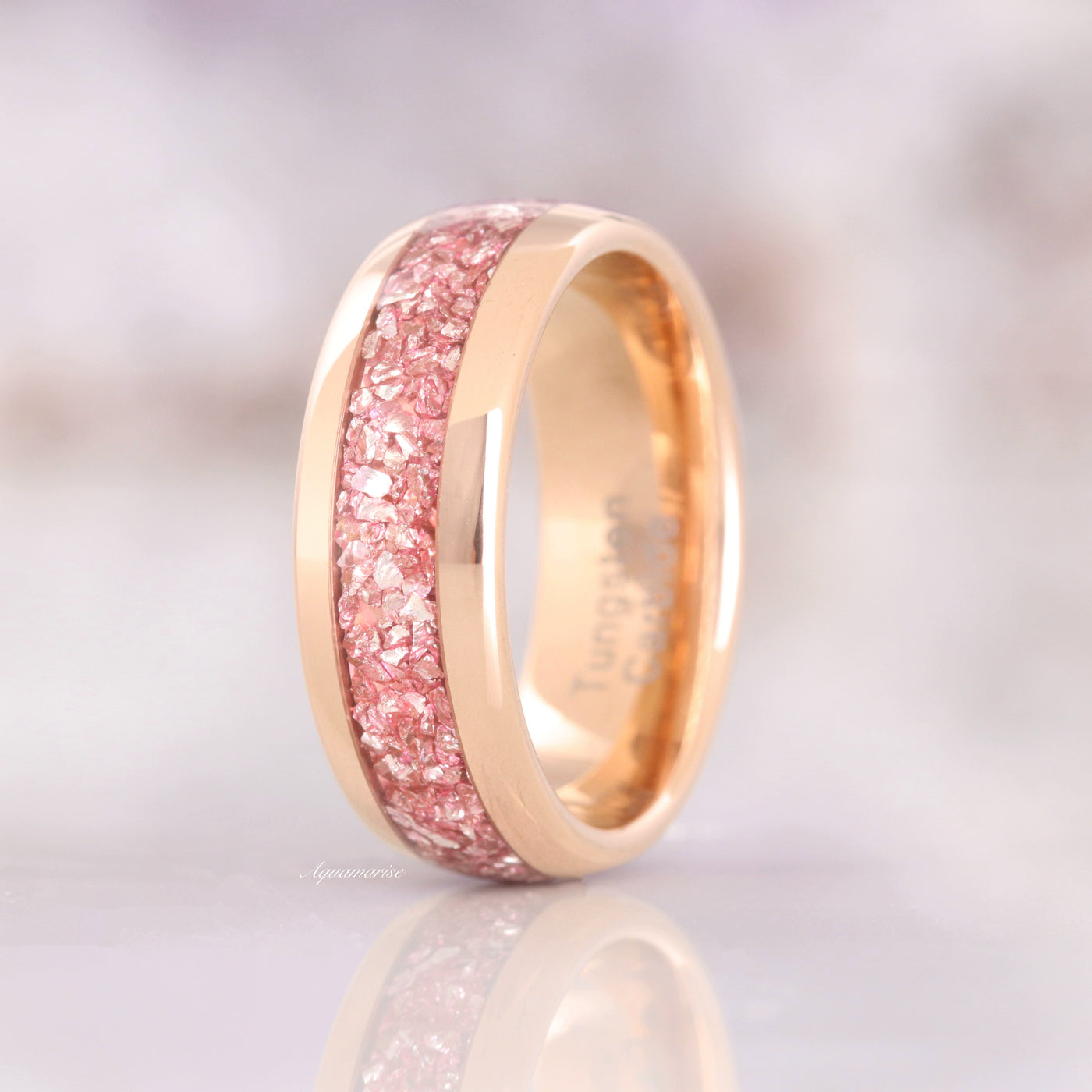 Pink Morganite Ring Rose Gold Tungsten Ring Womens/ Mens Wedding Band- Comfort-Fit Dome Polished- Anniversary Ring- Statement Ring 8mm Ring