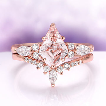 Skye Kite® Morganite Engagement Ring Set in 14K Solid Rose Gold by Aquamarise Gold, featuring a kite-cut morganite with marquise and round diamond accents on a rose gold band.