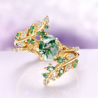 Moss Agate & Emerald Leaf Couples Ring Set