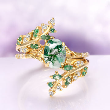 Green Moss Agate & Emerald Leaf Engagement Ring Set in 14K Solid Yellow Gold by Aquamarise Gold, featuring a natural moss agate center stone with vibrant emerald and diamond accents in an intricate leaf-inspired design, part of Solid Gold Engagement Rings and May Birthstone Jewelry collections.