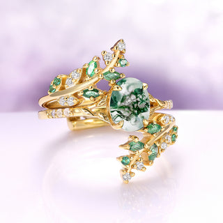 Green Moss Agate & Emerald Leaf Ring Set in 14K Yellow Gold Vermeil
