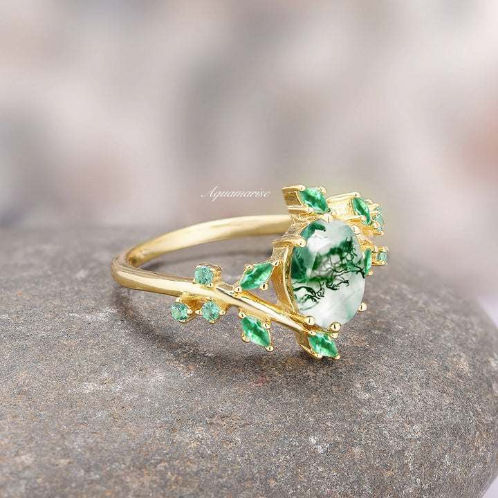 Green Moss Agate & Emerald Leaf Ring- 14K Solid Yellow Gold