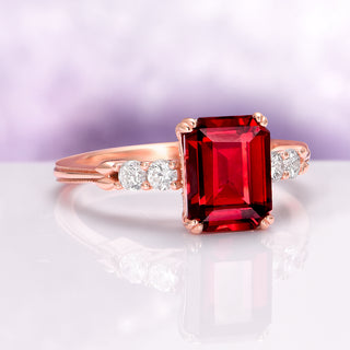 Emerald Cut Red Garnet Engagement Ring in 14K Solid Rose Gold (Hidden Halo)