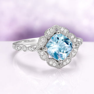 Cushion Cut Vintage Aquamarine Ring in Sterling Silver