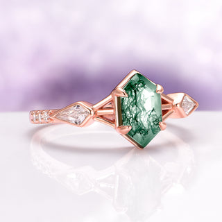 Hexagon Green Moss Agate Ring in 14K Rose Gold Vermeil